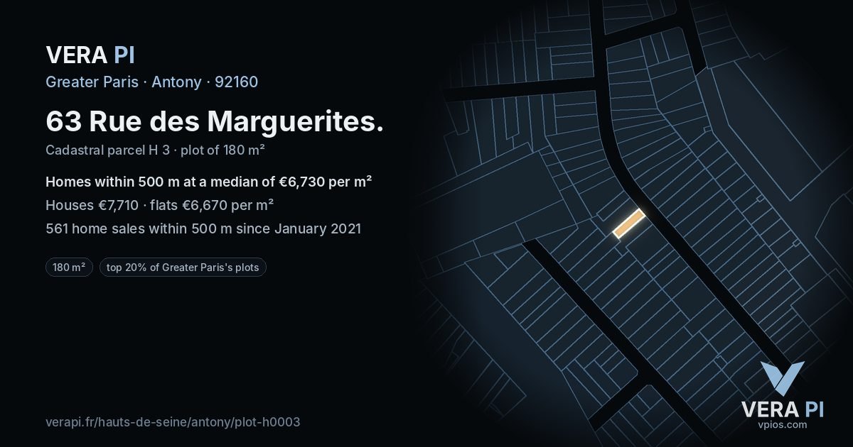 63 Rue des Marguerites, Antony at night – the plot lit, the parcels around coloured by the prices near them