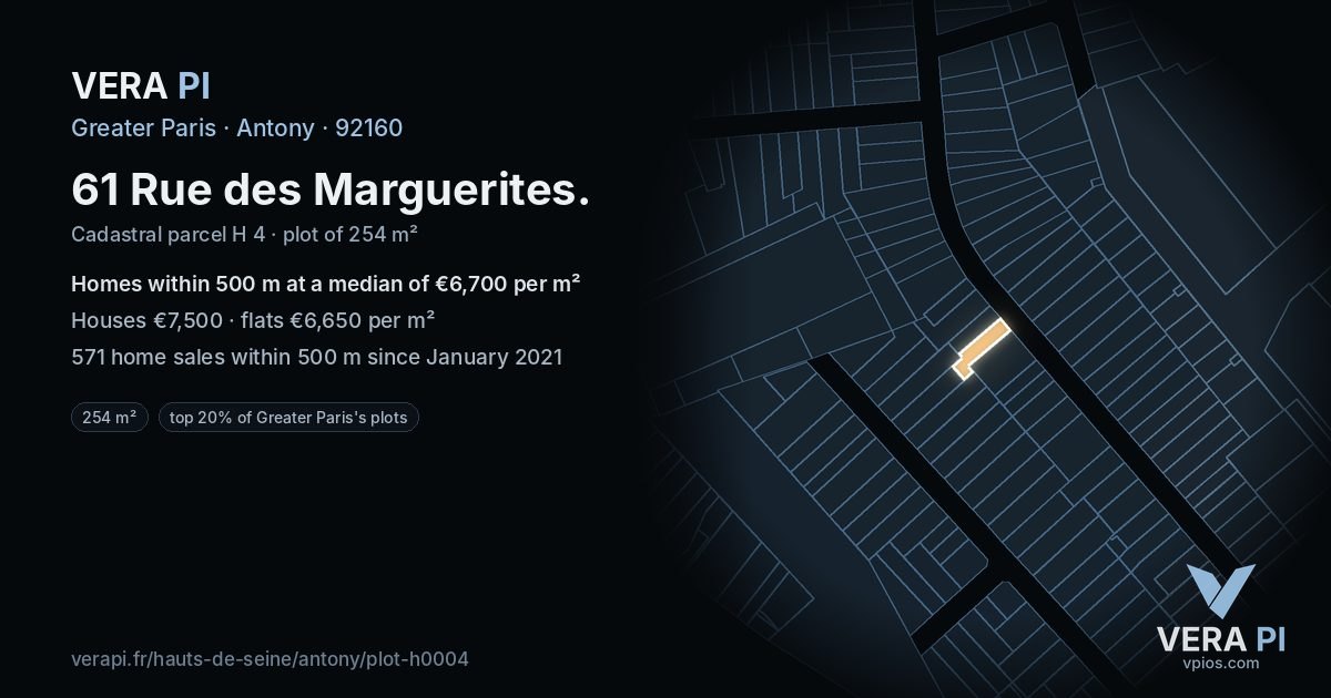 61 Rue des Marguerites, Antony at night – the plot lit, the parcels around coloured by the prices near them