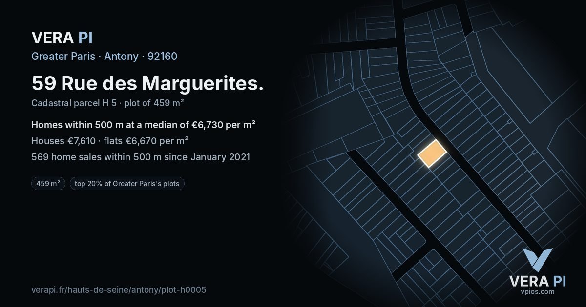 59 Rue des Marguerites, Antony at night – the plot lit, the parcels around coloured by the prices near them