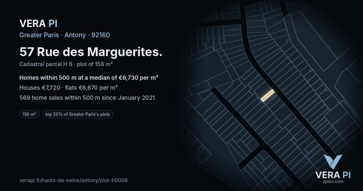 57 Rue des Marguerites, Antony at night – the plot lit, the parcels around coloured by the prices near them