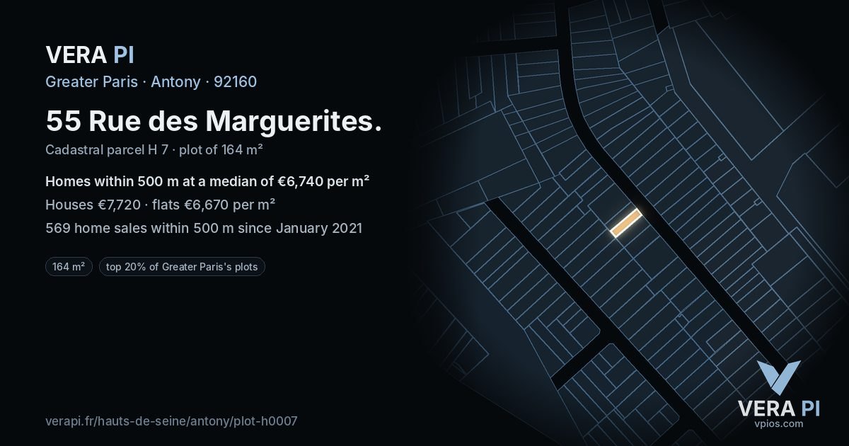 55 Rue des Marguerites, Antony at night – the plot lit, the parcels around coloured by the prices near them