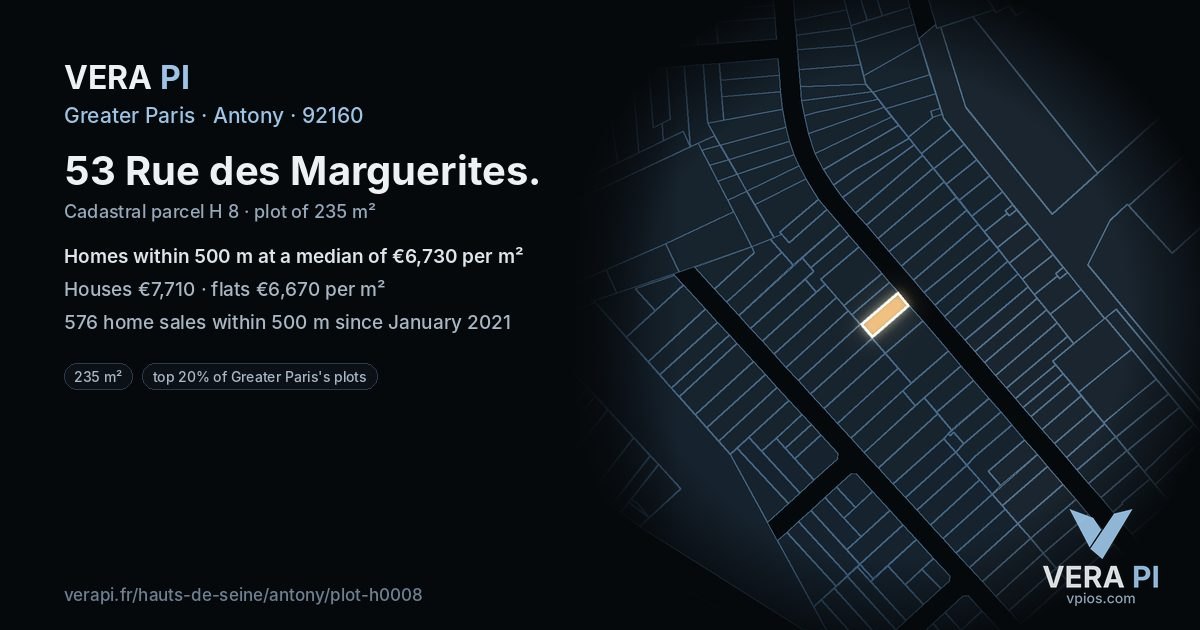53 Rue des Marguerites, Antony at night – the plot lit, the parcels around coloured by the prices near them