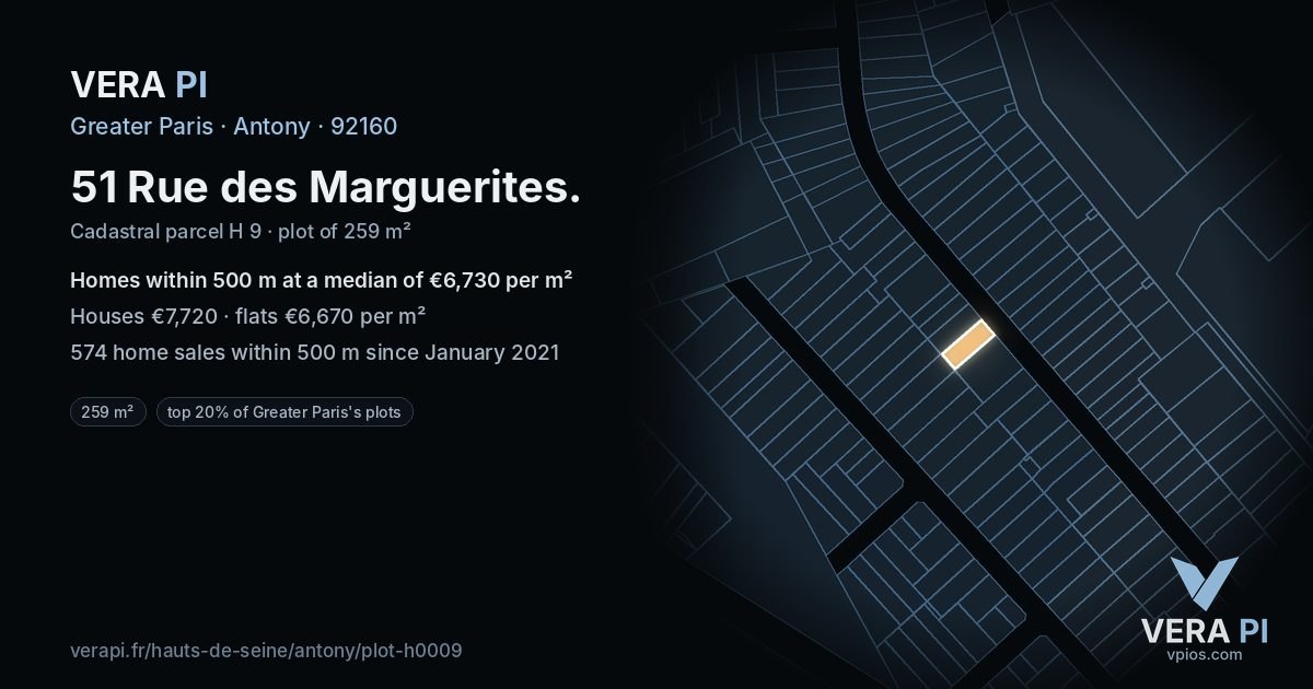 51 Rue des Marguerites, Antony at night – the plot lit, the parcels around coloured by the prices near them