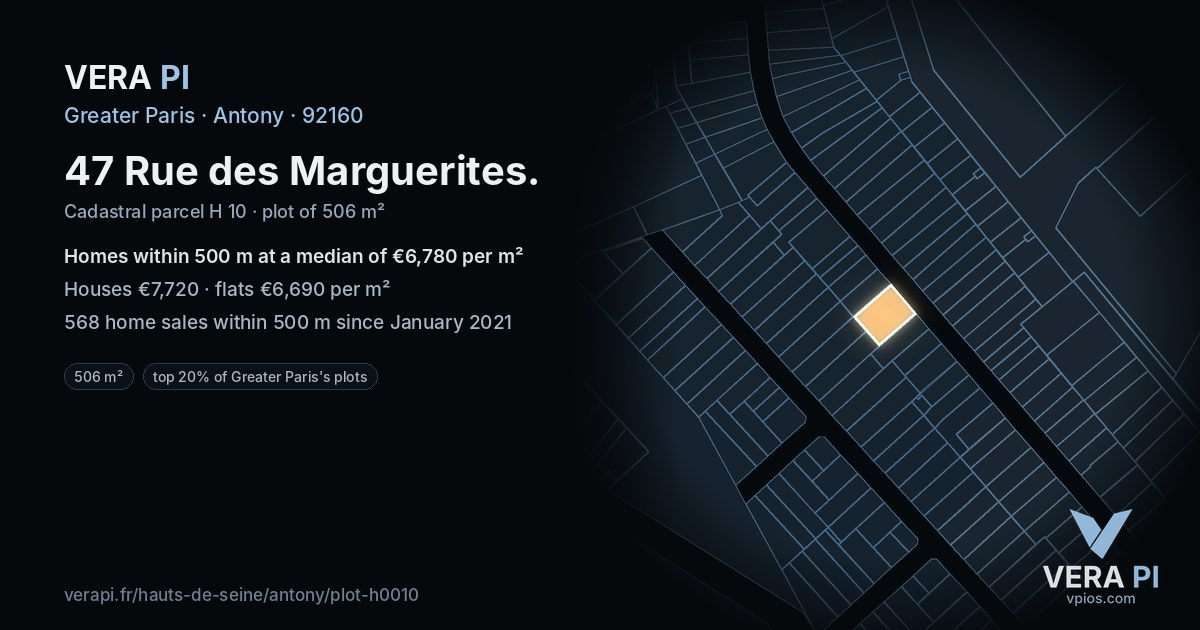 47 Rue des Marguerites, Antony at night – the plot lit, the parcels around coloured by the prices near them