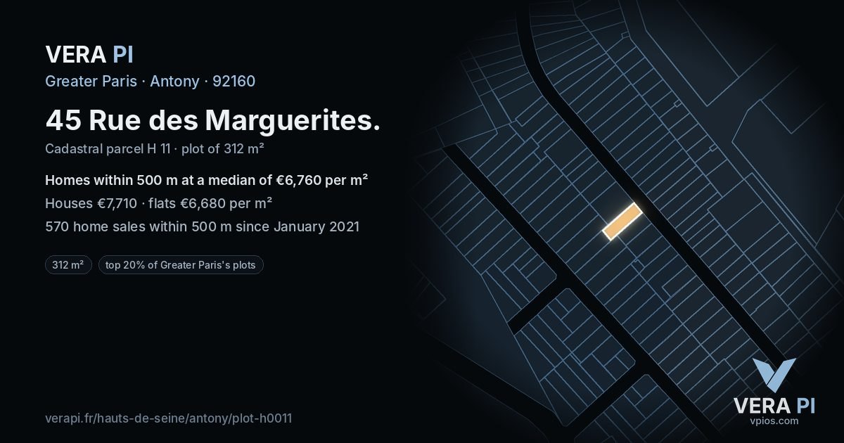 45 Rue des Marguerites, Antony at night – the plot lit, the parcels around coloured by the prices near them