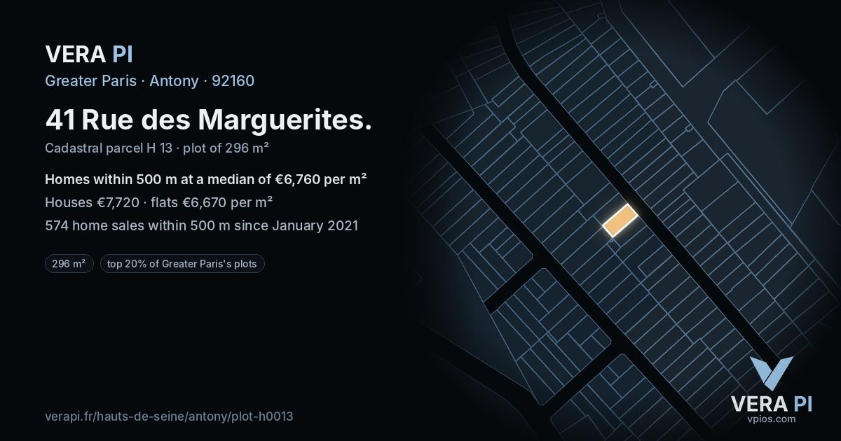 41 Rue des Marguerites, Antony at night – the plot lit, the parcels around coloured by the prices near them