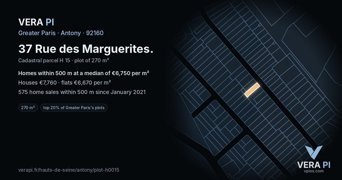 37 Rue des Marguerites, Antony at night – the plot lit, the parcels around coloured by the prices near them