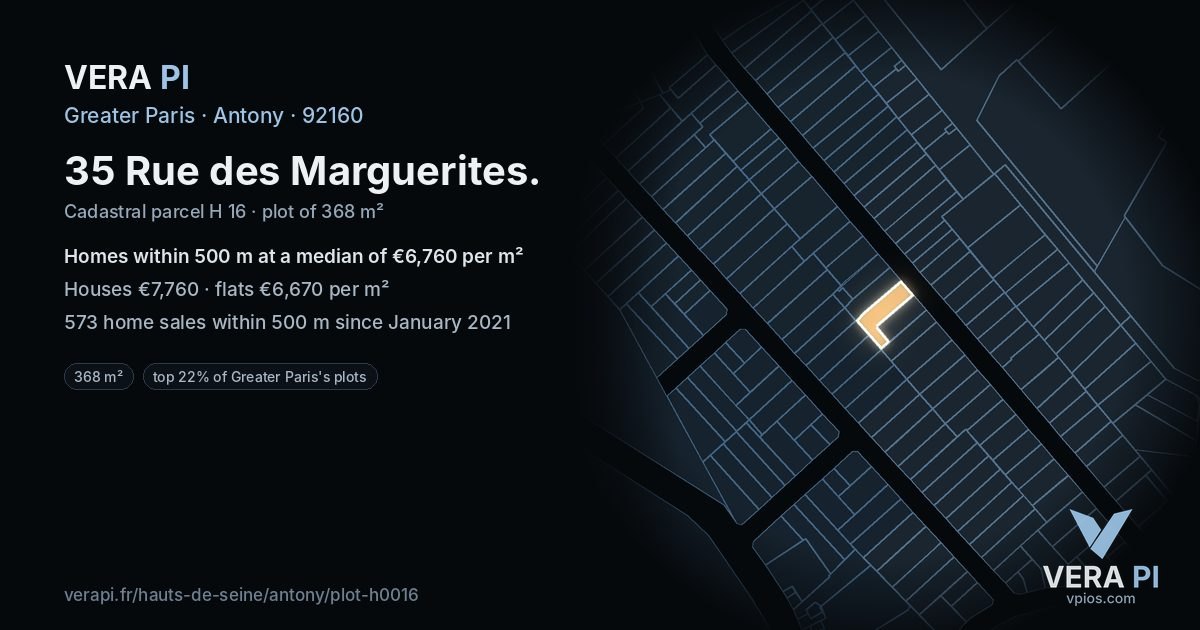 35 Rue des Marguerites, Antony at night – the plot lit, the parcels around coloured by the prices near them