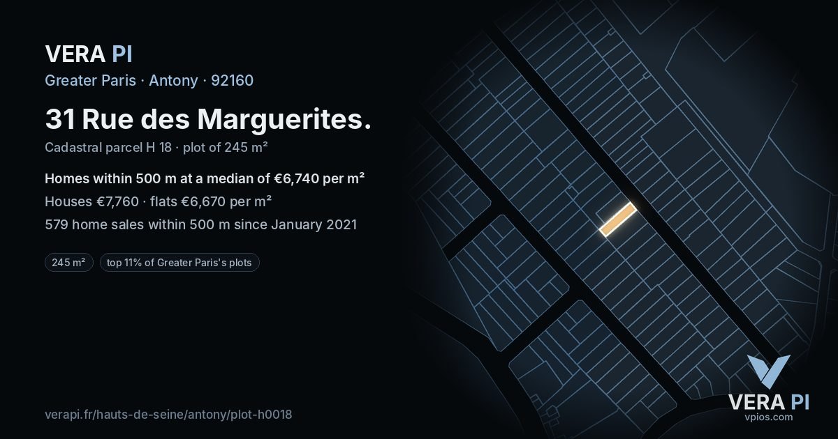 31 Rue des Marguerites, Antony at night – the plot lit, the parcels around coloured by the prices near them