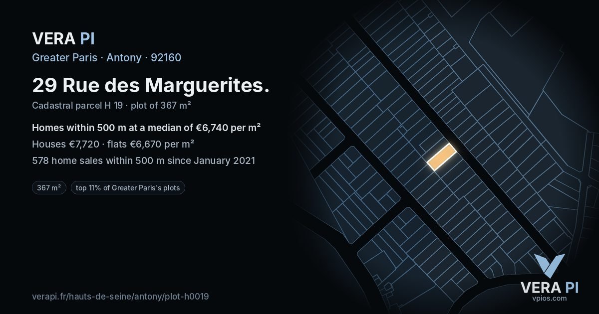 29 Rue des Marguerites, Antony at night – the plot lit, the parcels around coloured by the prices near them