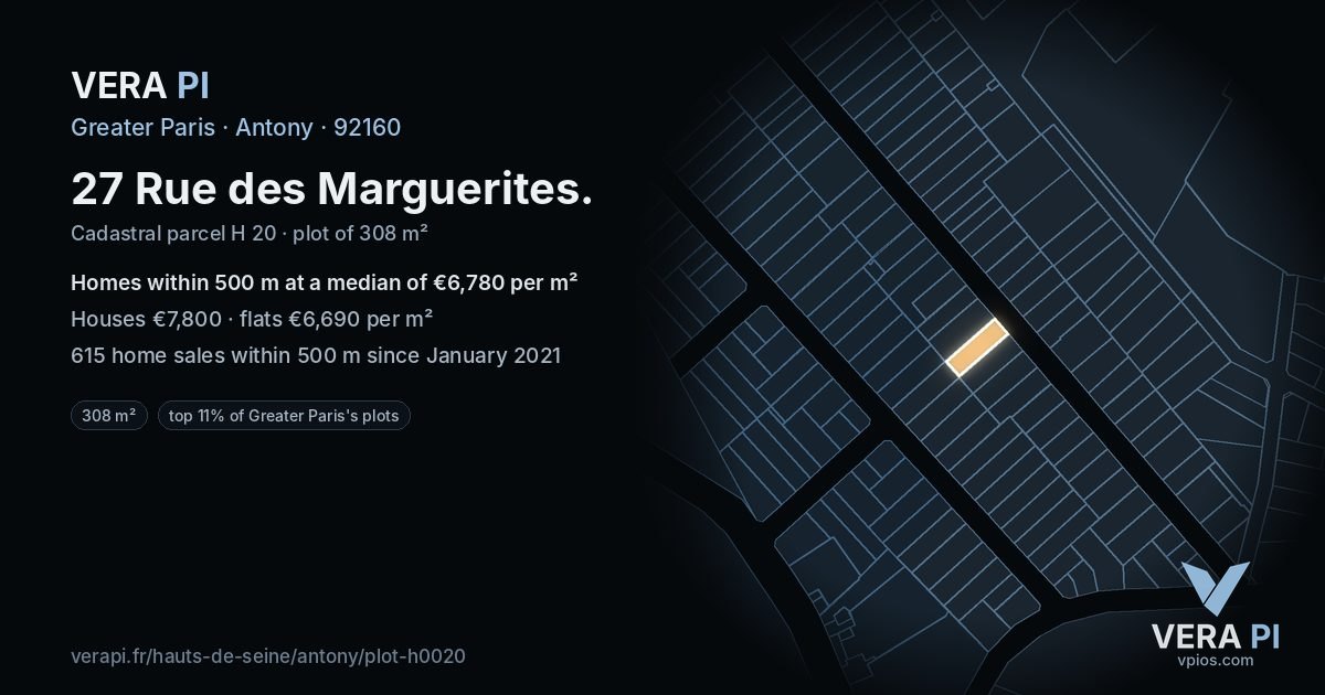 27 Rue des Marguerites, Antony at night – the plot lit, the parcels around coloured by the prices near them