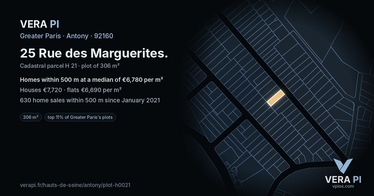 25 Rue des Marguerites, Antony at night – the plot lit, the parcels around coloured by the prices near them
