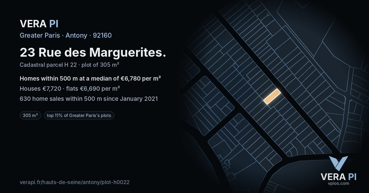 23 Rue des Marguerites, Antony at night – the plot lit, the parcels around coloured by the prices near them