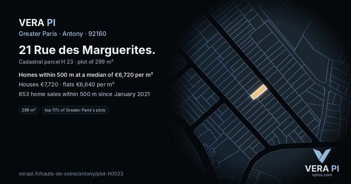 21 Rue des Marguerites, Antony at night – the plot lit, the parcels around coloured by the prices near them