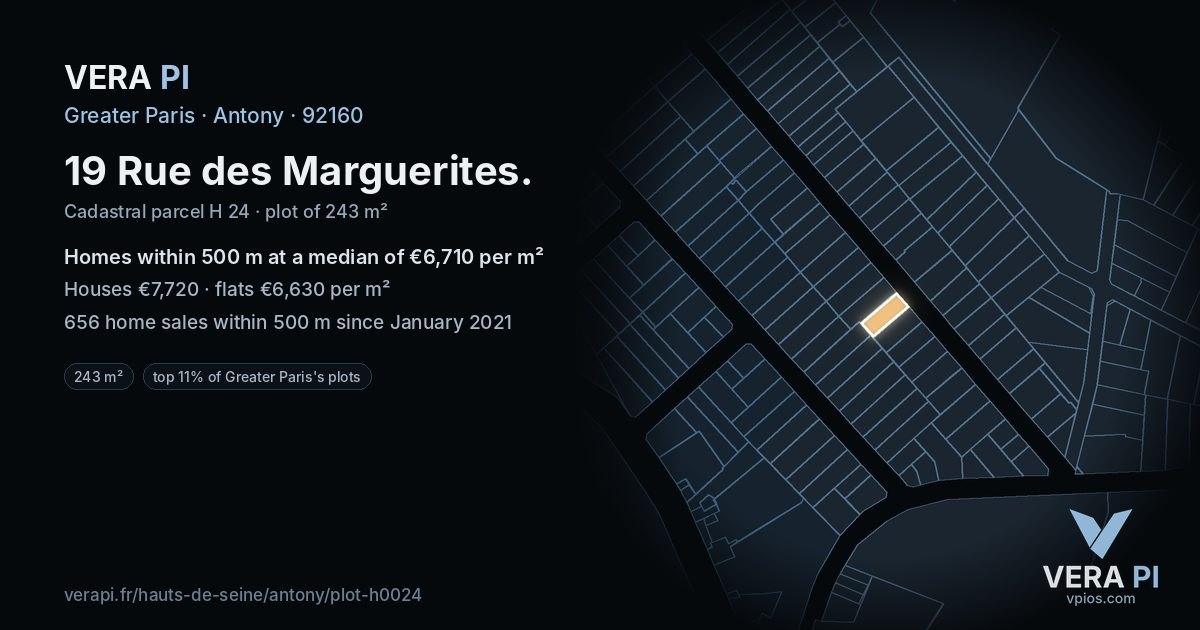 19 Rue des Marguerites, Antony at night – the plot lit, the parcels around coloured by the prices near them