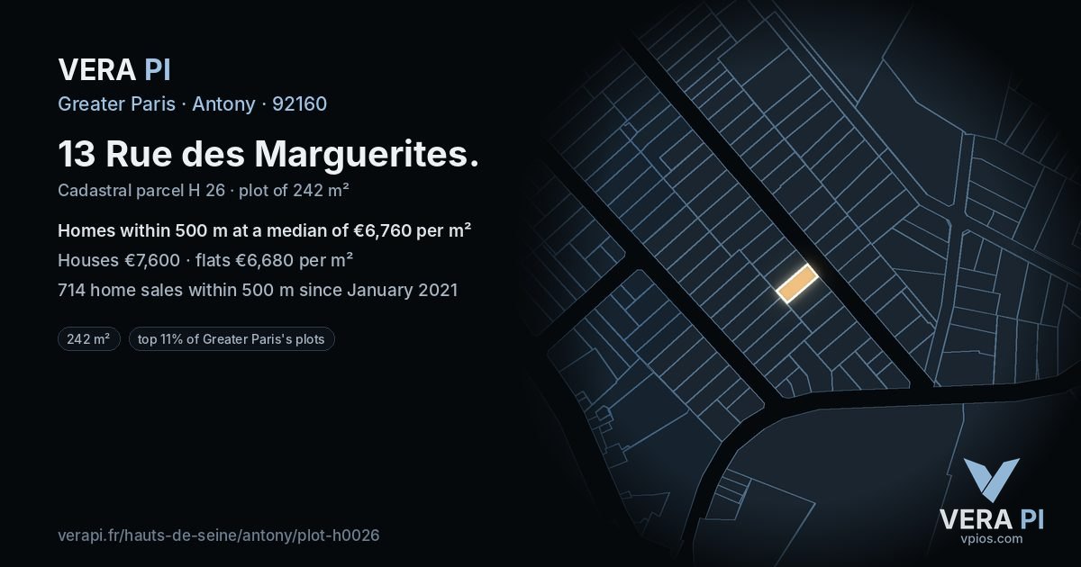 13 Rue des Marguerites, Antony at night – the plot lit, the parcels around coloured by the prices near them