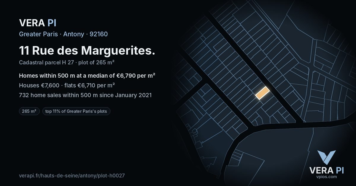 11 Rue des Marguerites, Antony at night – the plot lit, the parcels around coloured by the prices near them