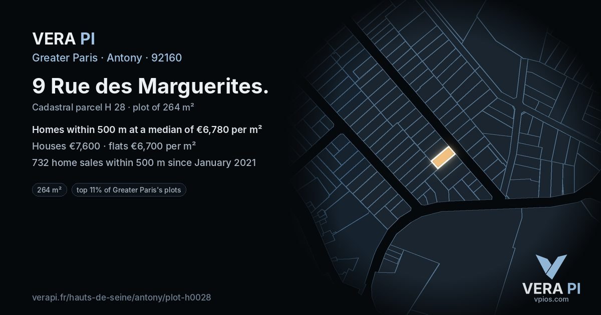 9 Rue des Marguerites, Antony at night – the plot lit, the parcels around coloured by the prices near them