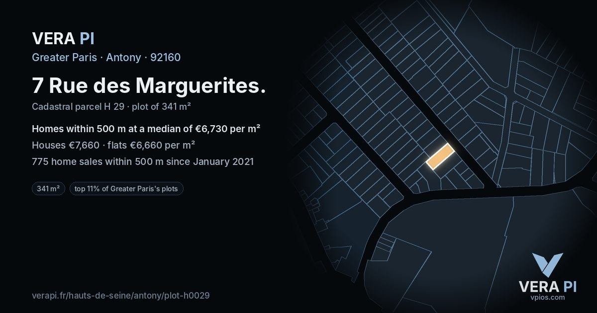 7 Rue des Marguerites, Antony at night – the plot lit, the parcels around coloured by the prices near them