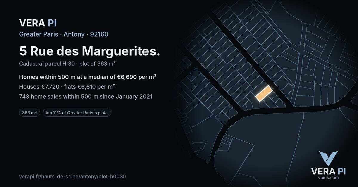 5 Rue des Marguerites, Antony at night – the plot lit, the parcels around coloured by the prices near them