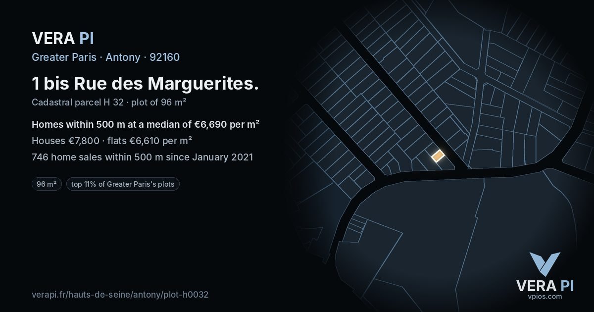 1 bis Rue des Marguerites, Antony at night – the plot lit, the parcels around coloured by the prices near them