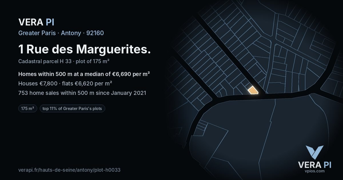 1 Rue des Marguerites, Antony at night – the plot lit, the parcels around coloured by the prices near them