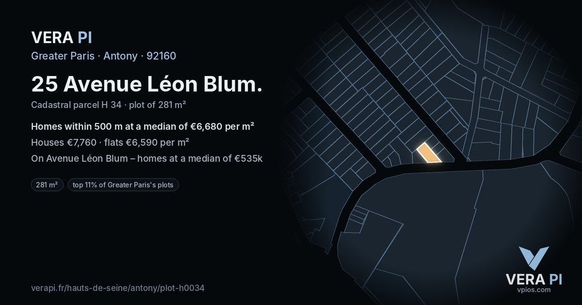 25 Avenue Léon Blum, Antony at night – the plot lit, the parcels around coloured by the prices near them