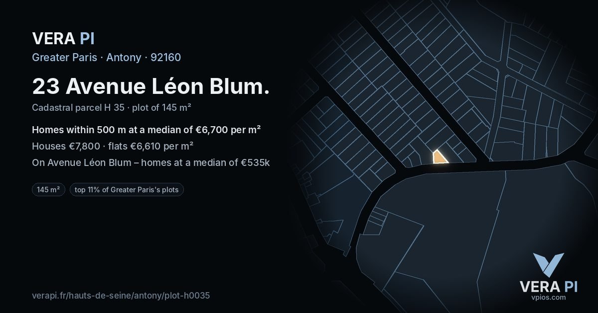 23 Avenue Léon Blum, Antony at night – the plot lit, the parcels around coloured by the prices near them