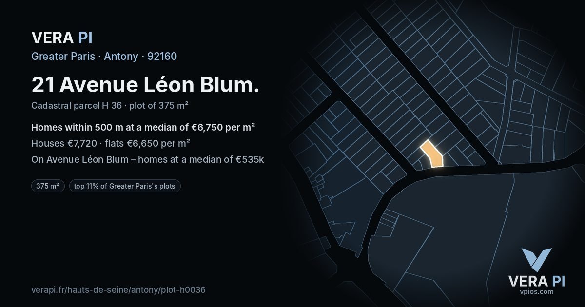 21 Avenue Léon Blum, Antony at night – the plot lit, the parcels around coloured by the prices near them