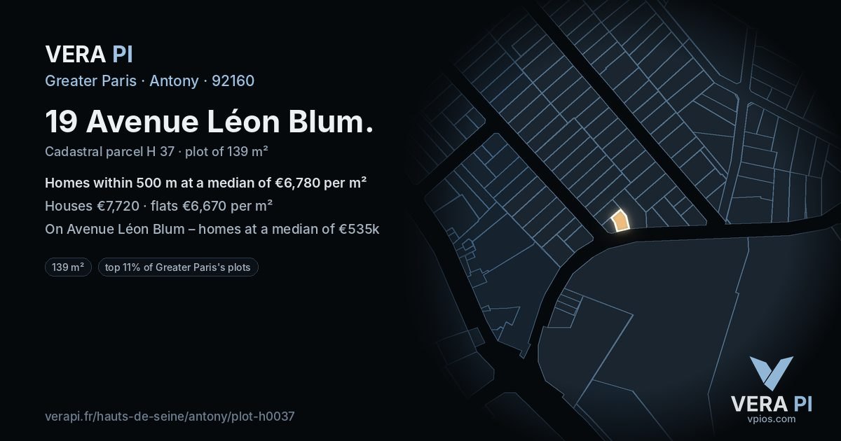 19 Avenue Léon Blum, Antony at night – the plot lit, the parcels around coloured by the prices near them