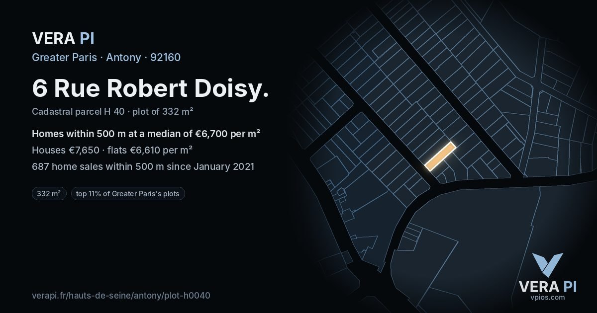 6 Rue Robert Doisy, Antony at night – the plot lit, the parcels around coloured by the prices near them
