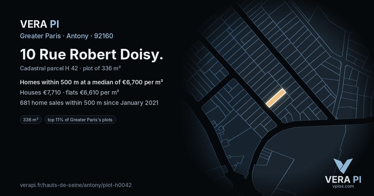10 Rue Robert Doisy, Antony at night – the plot lit, the parcels around coloured by the prices near them