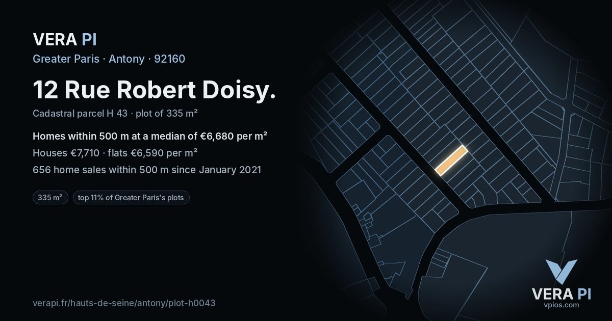12 Rue Robert Doisy, Antony at night – the plot lit, the parcels around coloured by the prices near them