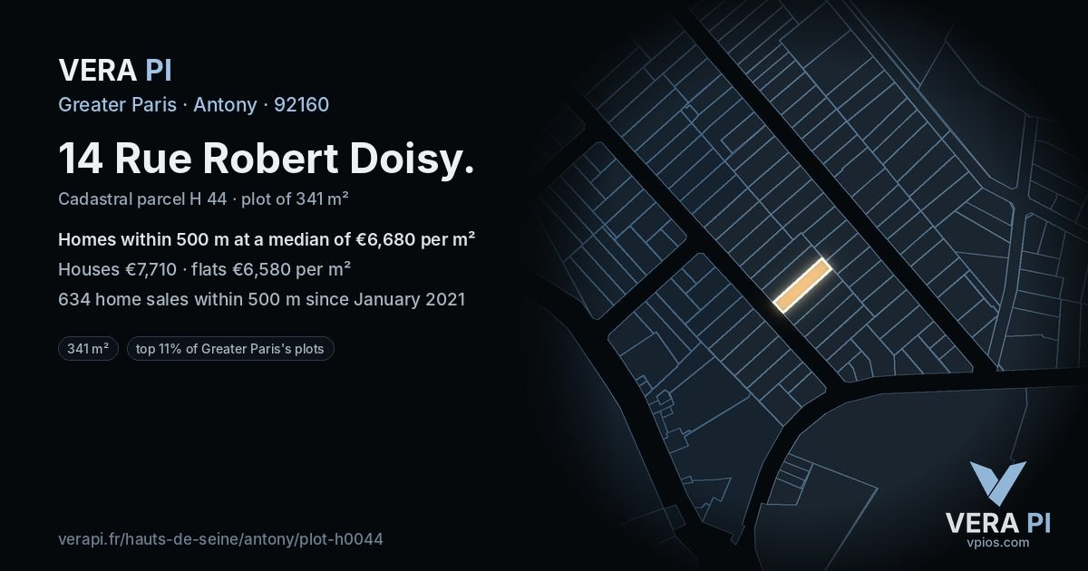 14 Rue Robert Doisy, Antony at night – the plot lit, the parcels around coloured by the prices near them