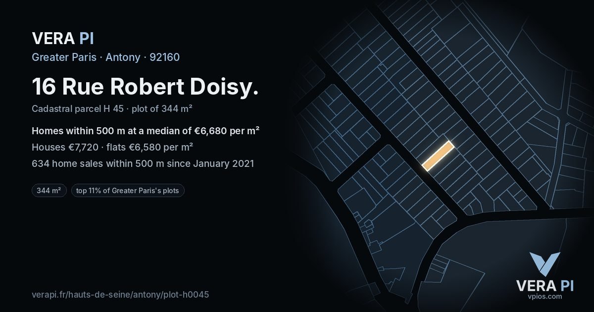 16 Rue Robert Doisy, Antony at night – the plot lit, the parcels around coloured by the prices near them