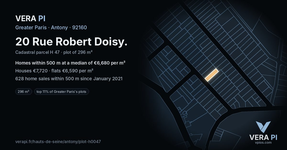 20 Rue Robert Doisy, Antony at night – the plot lit, the parcels around coloured by the prices near them