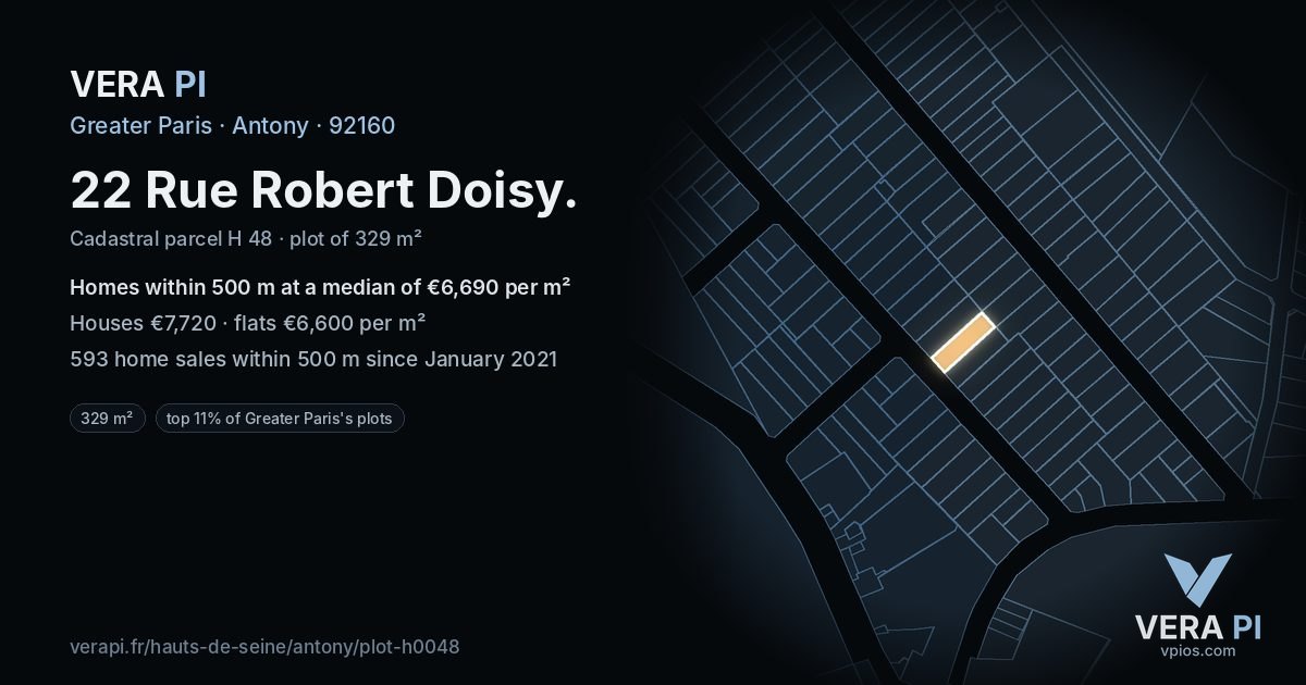 22 Rue Robert Doisy, Antony at night – the plot lit, the parcels around coloured by the prices near them