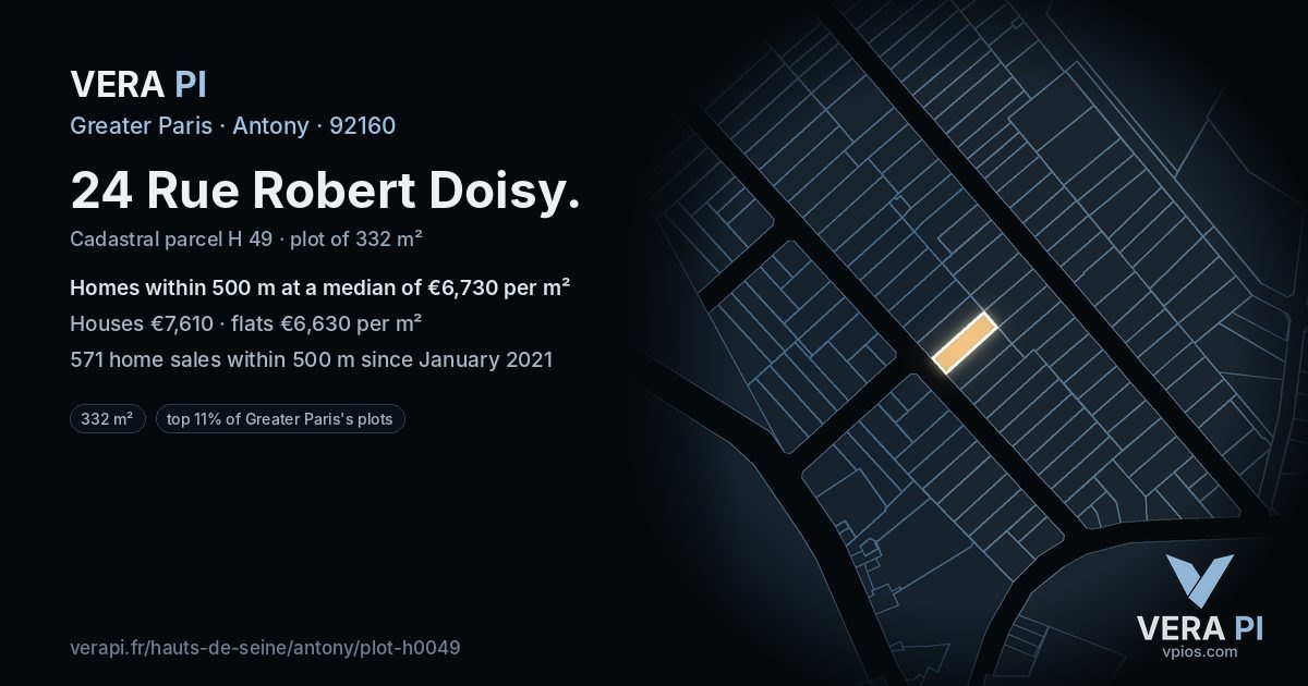 24 Rue Robert Doisy, Antony at night – the plot lit, the parcels around coloured by the prices near them