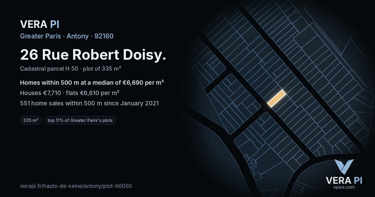 26 Rue Robert Doisy, Antony at night – the plot lit, the parcels around coloured by the prices near them