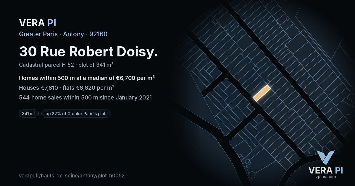 30 Rue Robert Doisy, Antony at night – the plot lit, the parcels around coloured by the prices near them