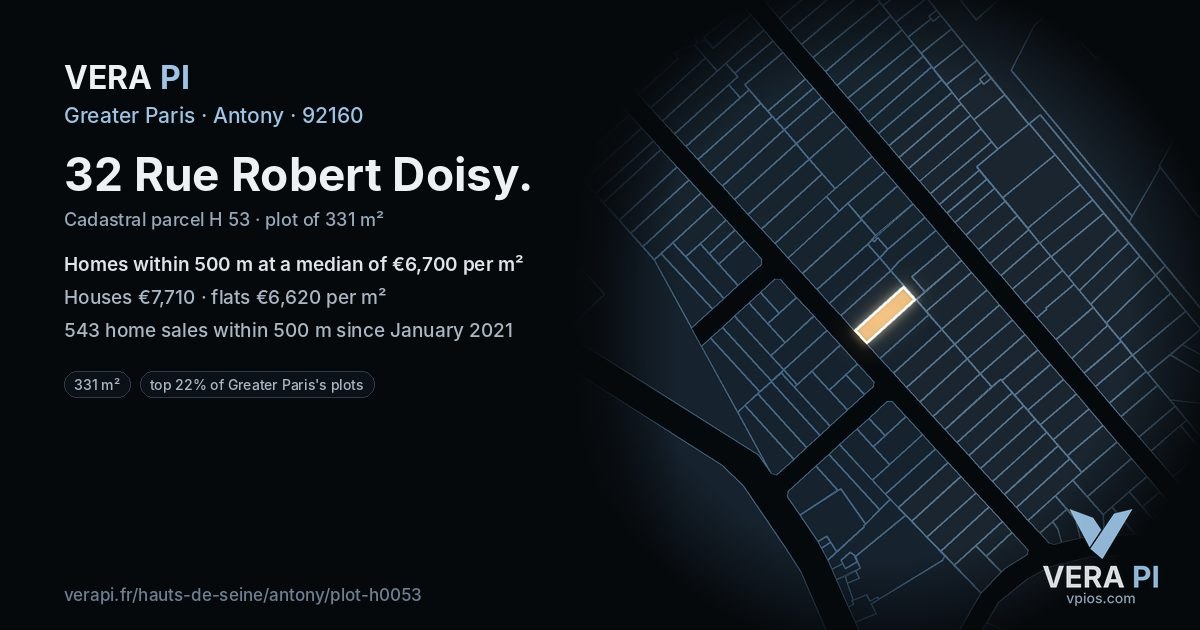 32 Rue Robert Doisy, Antony at night – the plot lit, the parcels around coloured by the prices near them