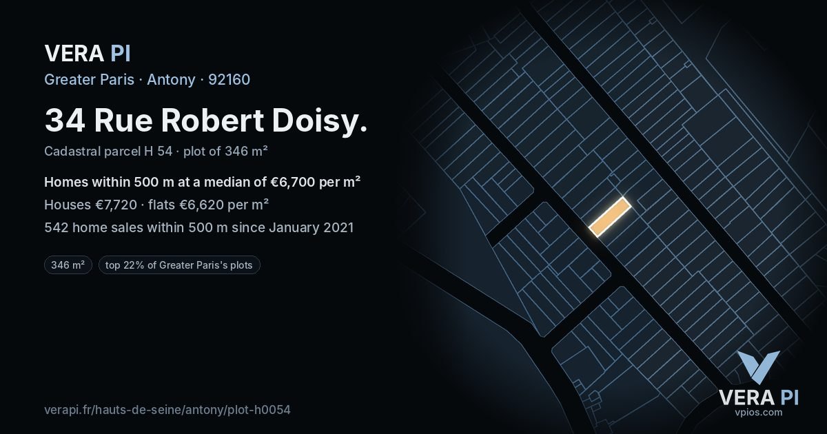 34 Rue Robert Doisy, Antony at night – the plot lit, the parcels around coloured by the prices near them