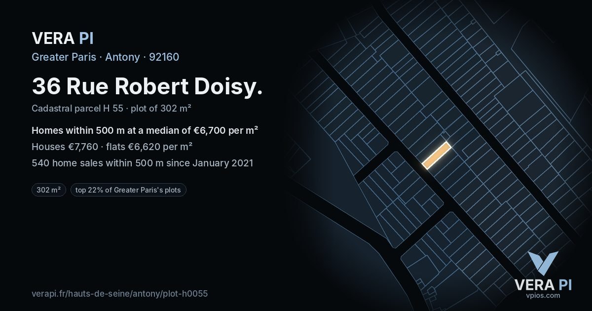 36 Rue Robert Doisy, Antony at night – the plot lit, the parcels around coloured by the prices near them