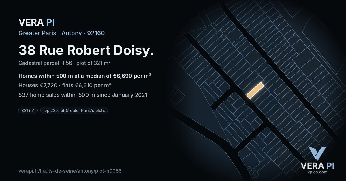 38 Rue Robert Doisy, Antony at night – the plot lit, the parcels around coloured by the prices near them