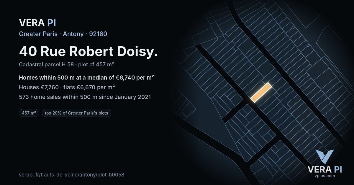 40 Rue Robert Doisy, Antony at night – the plot lit, the parcels around coloured by the prices near them