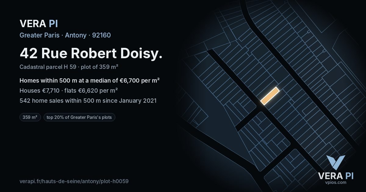 42 Rue Robert Doisy, Antony at night – the plot lit, the parcels around coloured by the prices near them