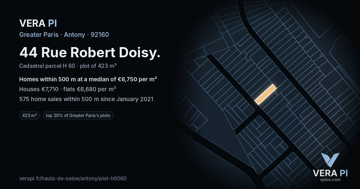 44 Rue Robert Doisy, Antony at night – the plot lit, the parcels around coloured by the prices near them
