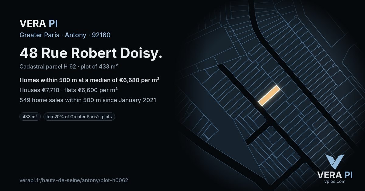 48 Rue Robert Doisy, Antony at night – the plot lit, the parcels around coloured by the prices near them