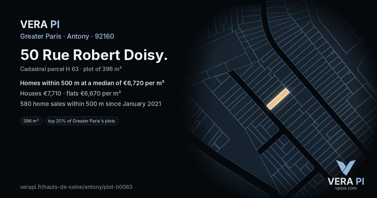 50 Rue Robert Doisy, Antony at night – the plot lit, the parcels around coloured by the prices near them