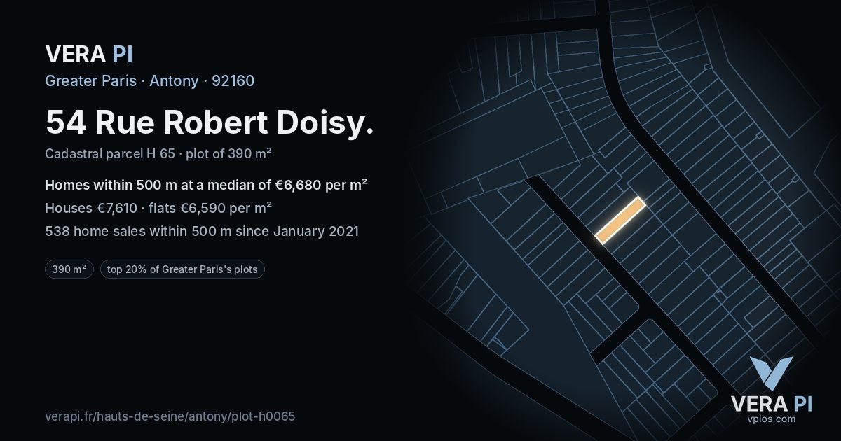 54 Rue Robert Doisy, Antony at night – the plot lit, the parcels around coloured by the prices near them